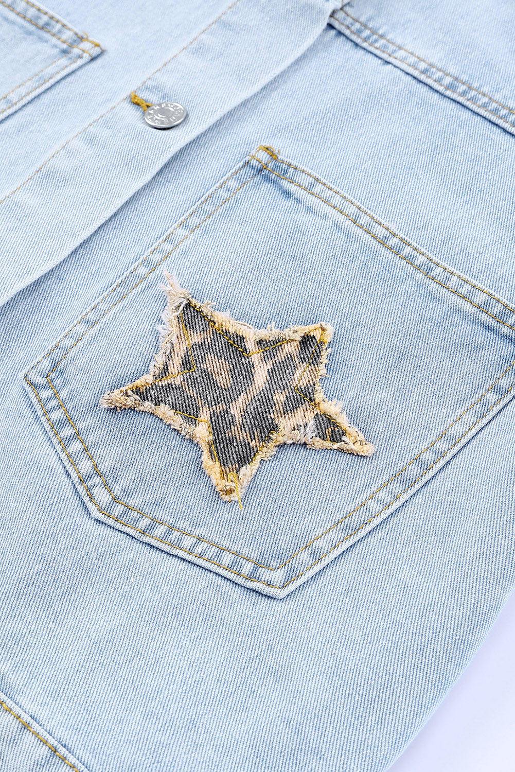 Leopard Star Applique Distressed Denim Jacket - SHIRLYN.CO