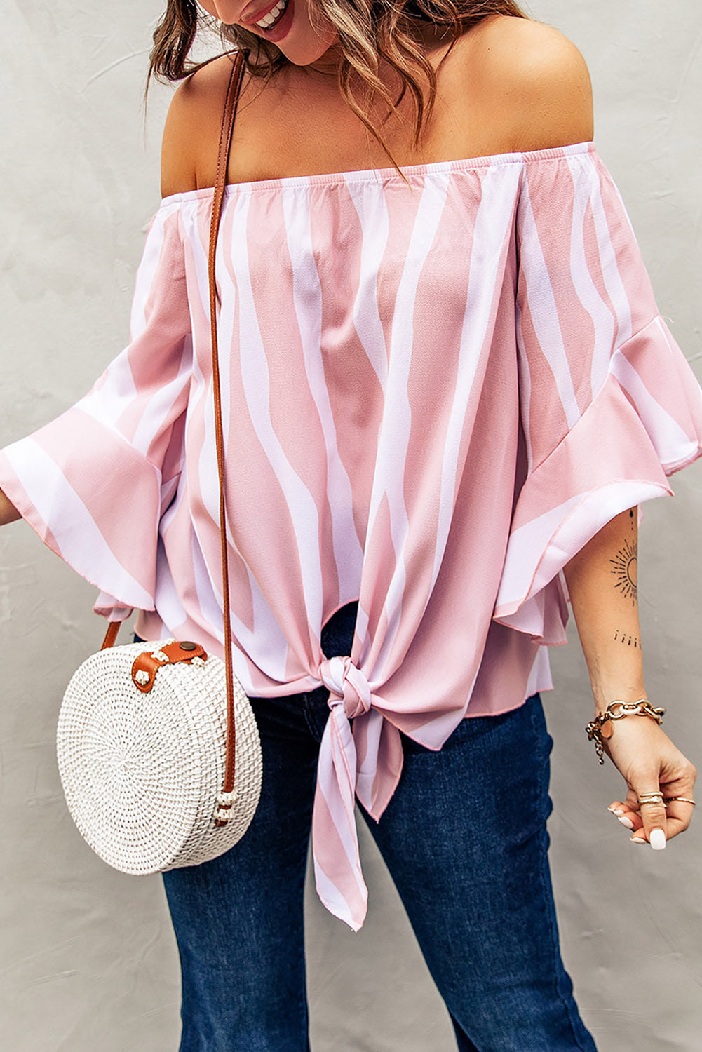 Striped Tie Front Flounce Sleeve Blouse - SHIRLYN.CO