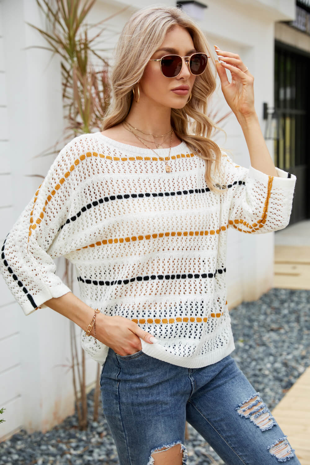 Striped Openwork Three-Quarter Sleeve Knit Top - SHIRLYN.CO