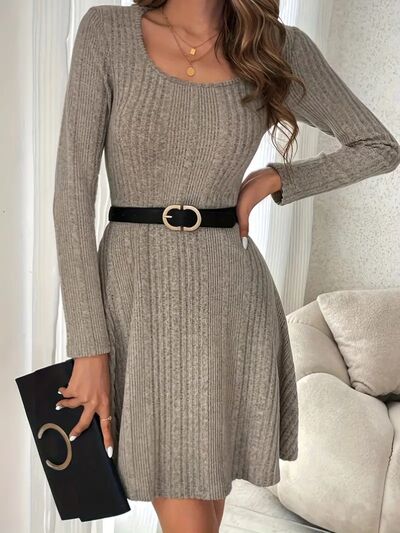 Ribbed Scoop Neck Long Sleeve Sweater Dress