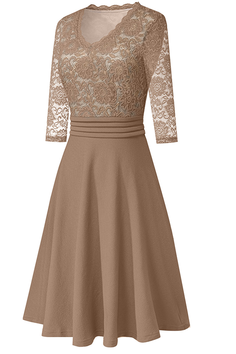 Editor's Choice: Shirlyn's Elegance in Lace: V-Neck Knee-Length Dress with Delicate Details