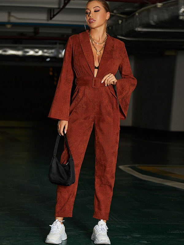 Belted Shawl Collar Slit Sleeve Jumpsuit - SHIRLYN.CO