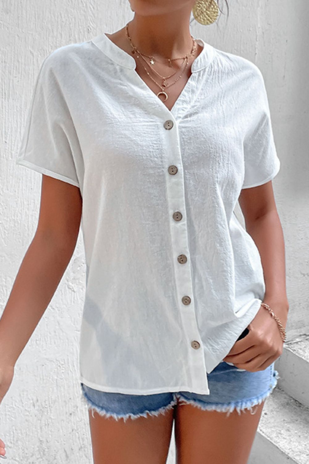 Button Down Notched Short Sleeve Shirt - SHIRLYN.CO