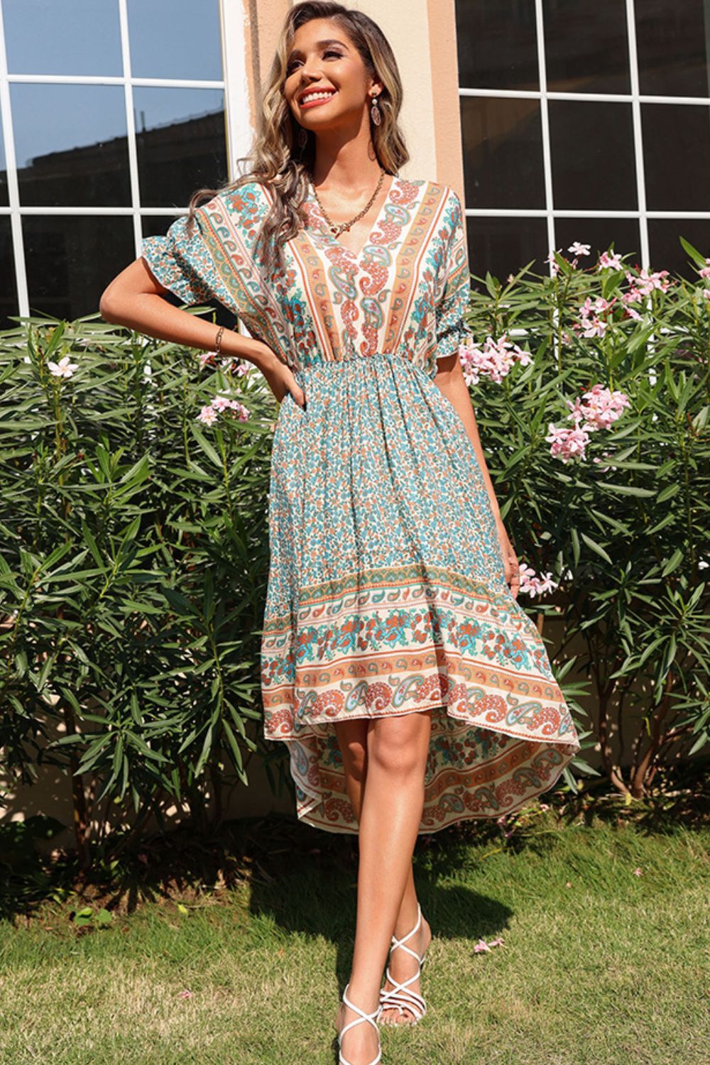 Bohemian Tie Back Flounce Sleeve Dress - SHIRLYN.CO