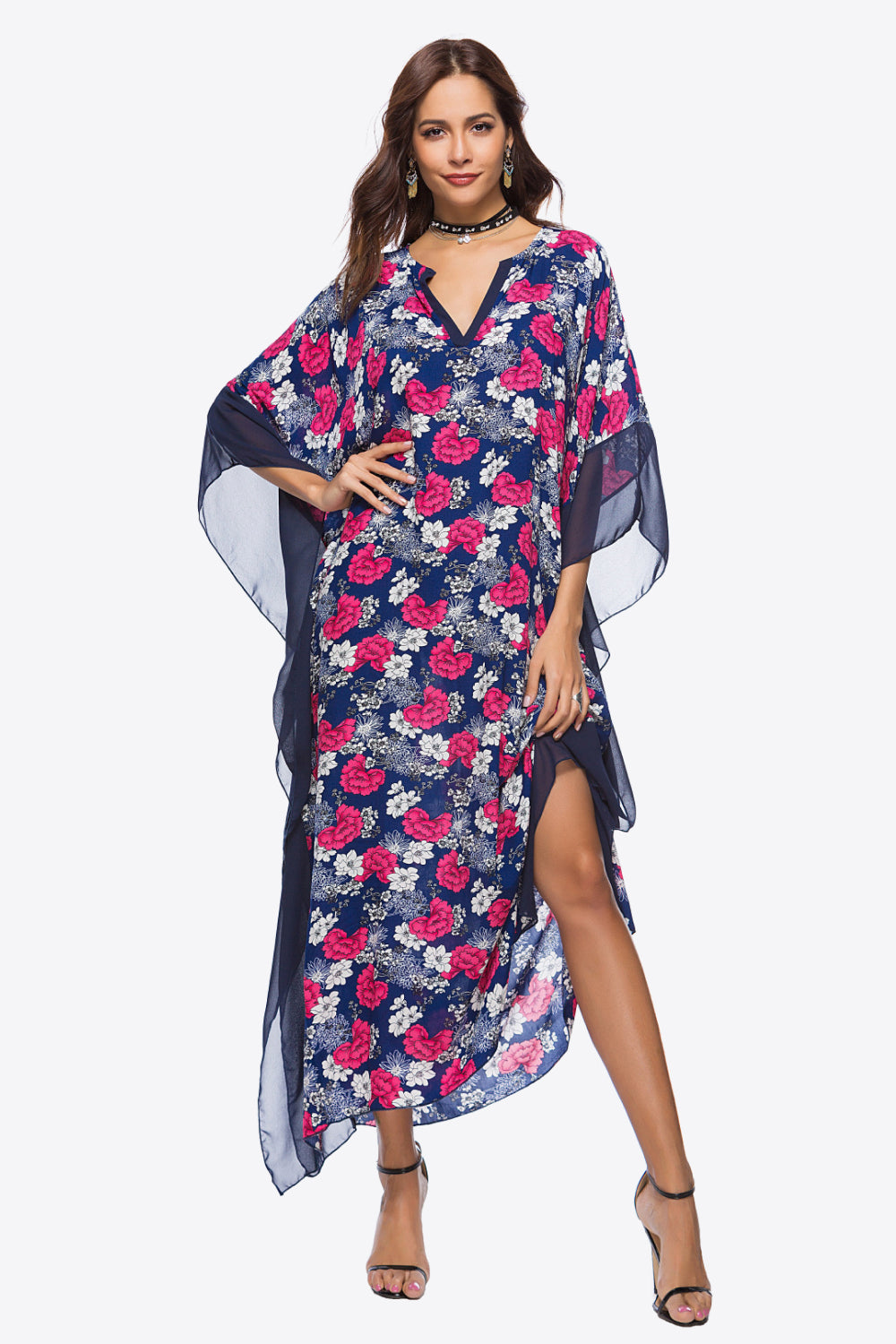 Floral Notched Neck Dolman Sleeve Maxi Dress - SHIRLYN.CO