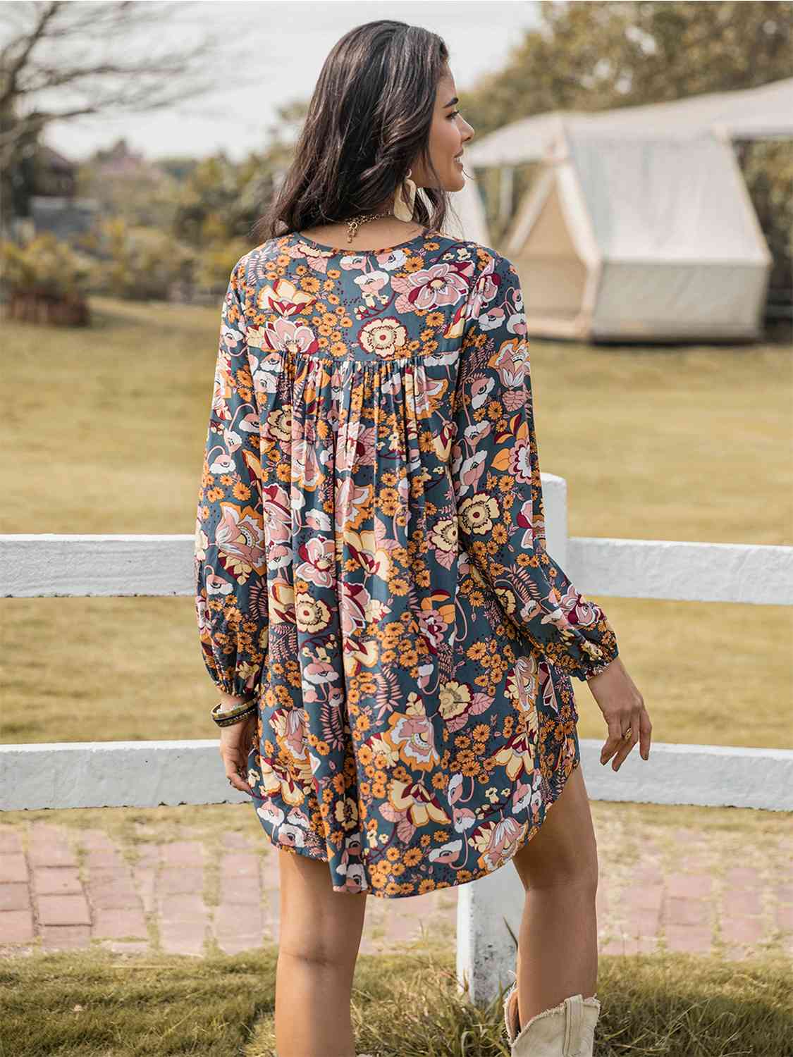 Floral Ruched V-Neck Long Sleeve Dress