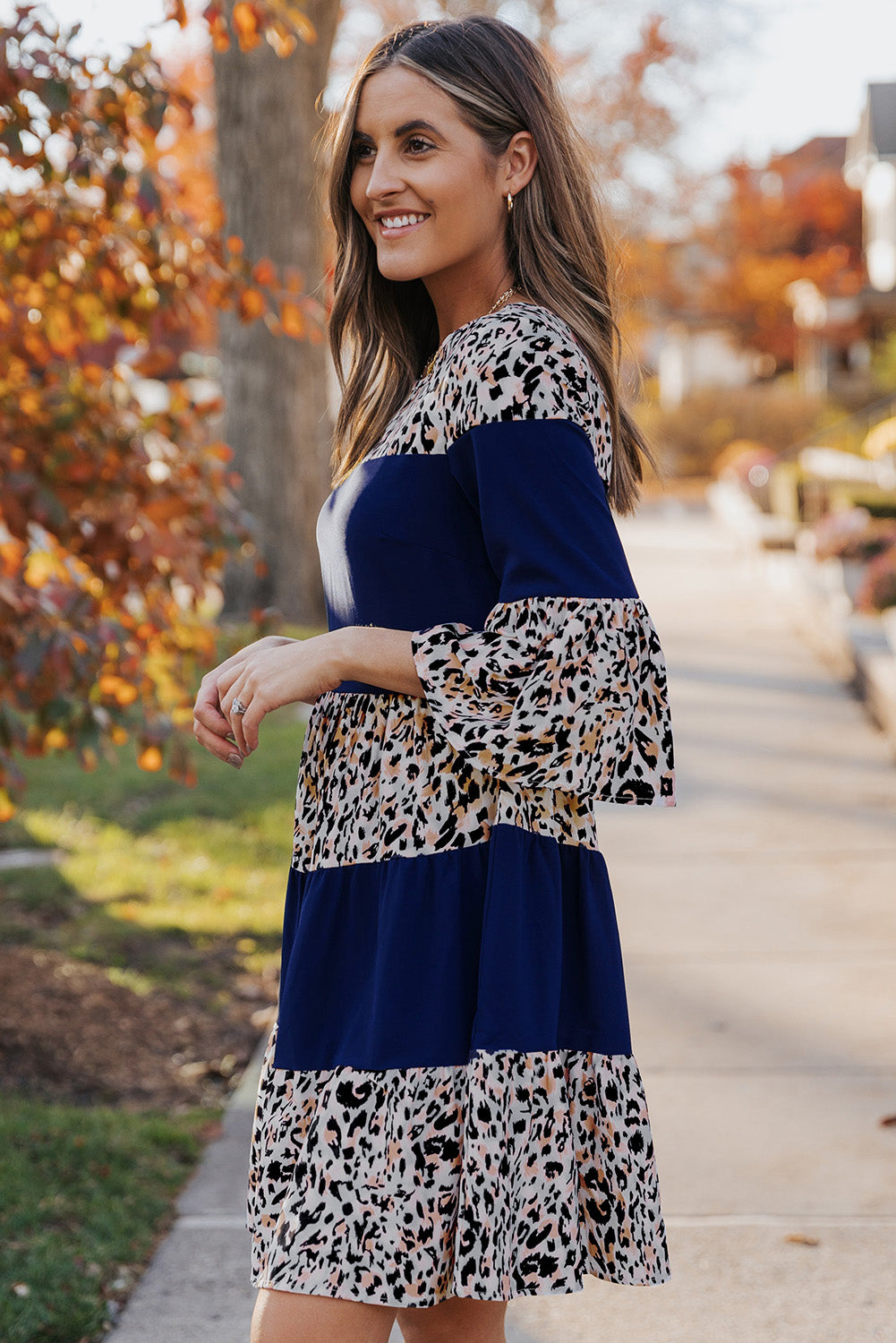 Animal Print Color Block Flare Sleeve Dress - SHIRLYN.CO