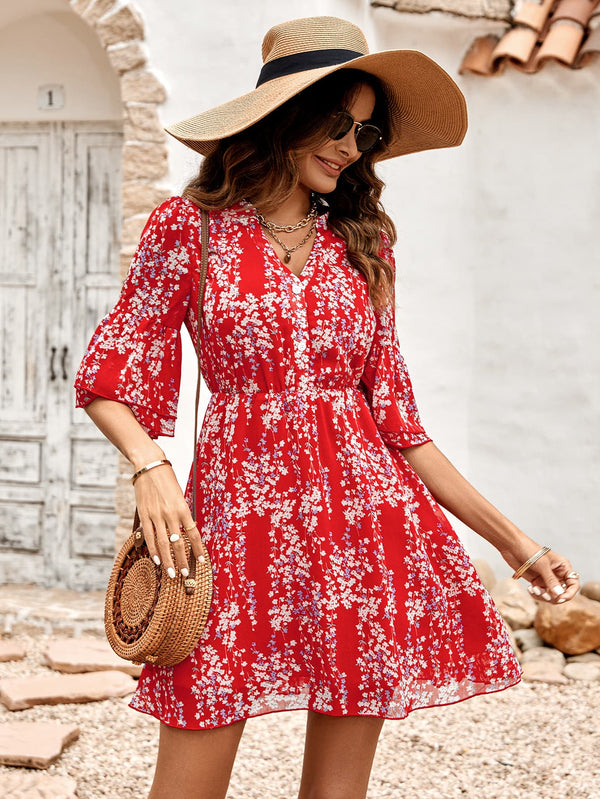 Floral Notched Neck Flounce Sleeve Dress - SHIRLYN.CO