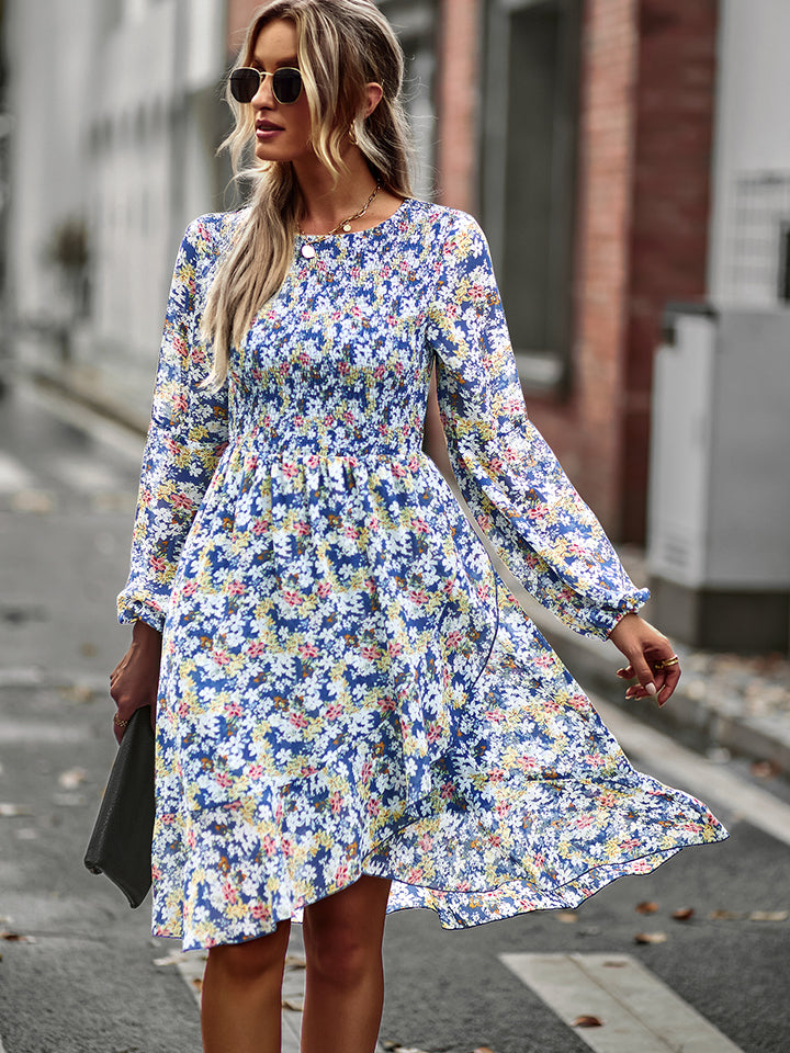 Printed Round Neck Long Sleeve Smocked Dress