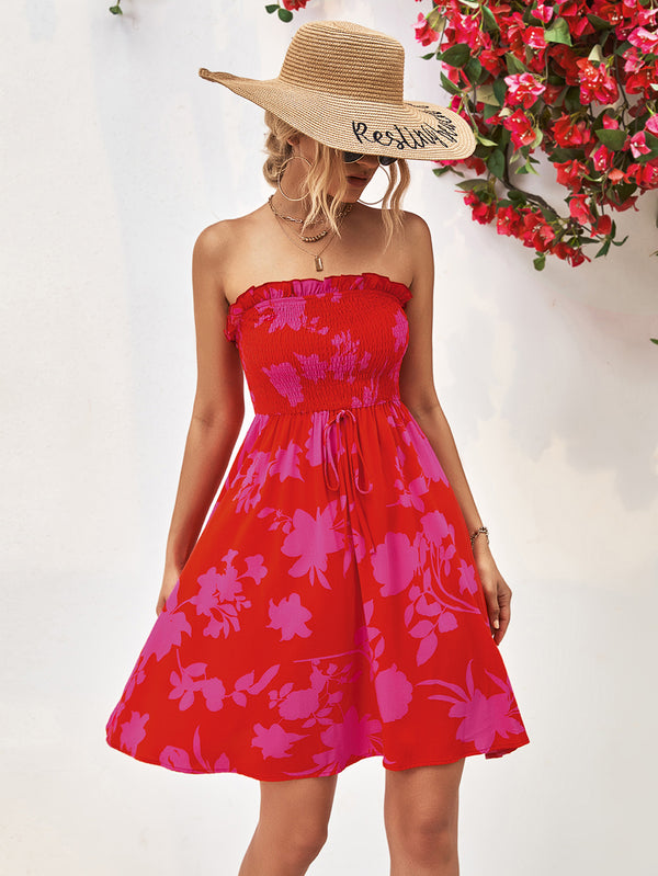 Floral Frill Trim Strapless Smocked Dress - SHIRLYN.CO