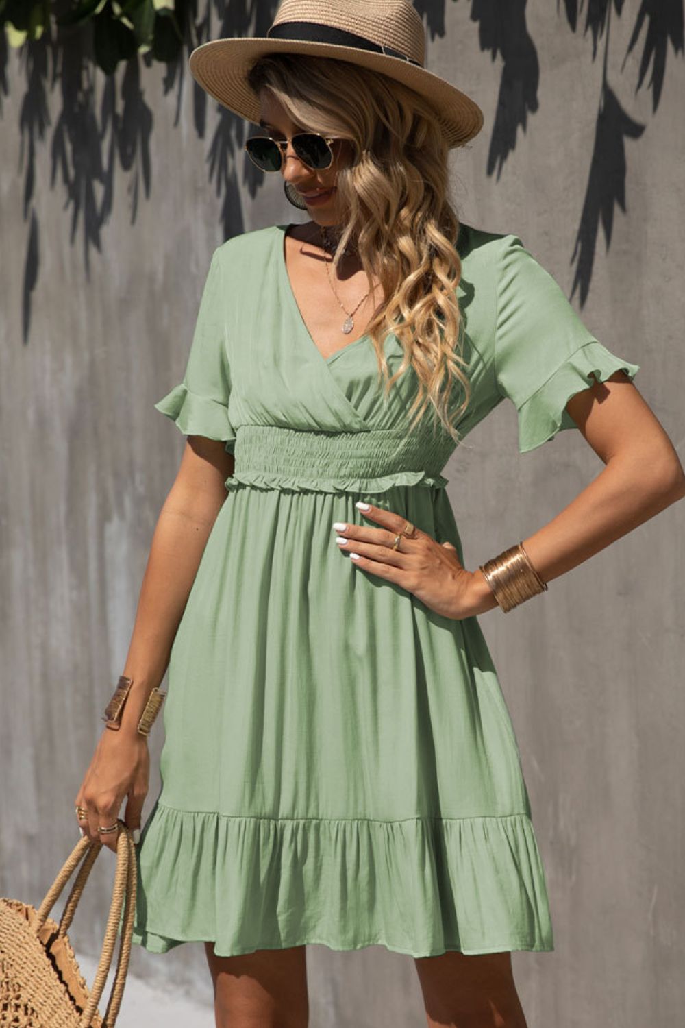 Smocked Waist Flounce Sleeve Ruffle Hem Dress - SHIRLYN.CO