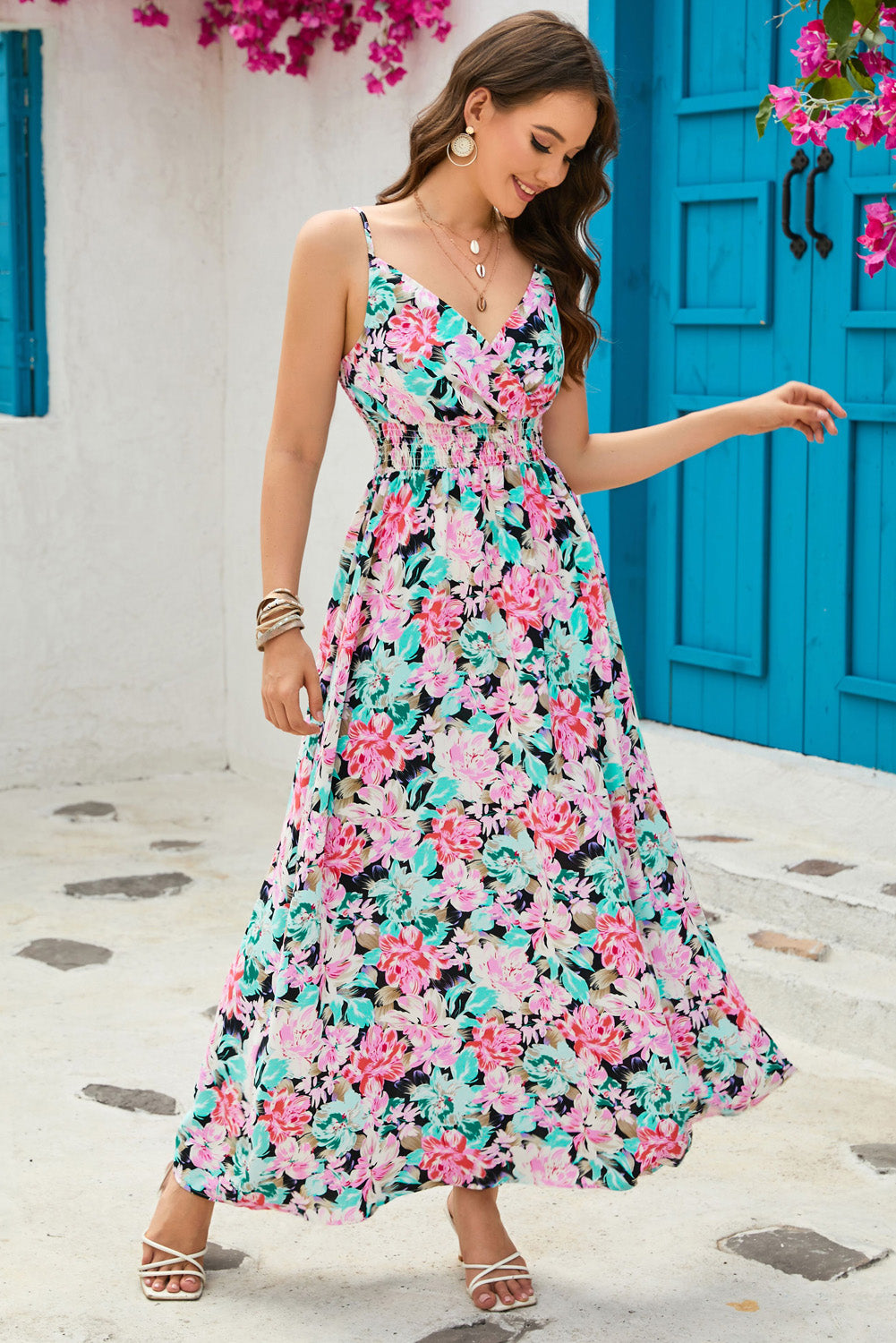 Floral Spaghetti Strap Surplice Neck Maxi Dress - SHIRLYN.CO