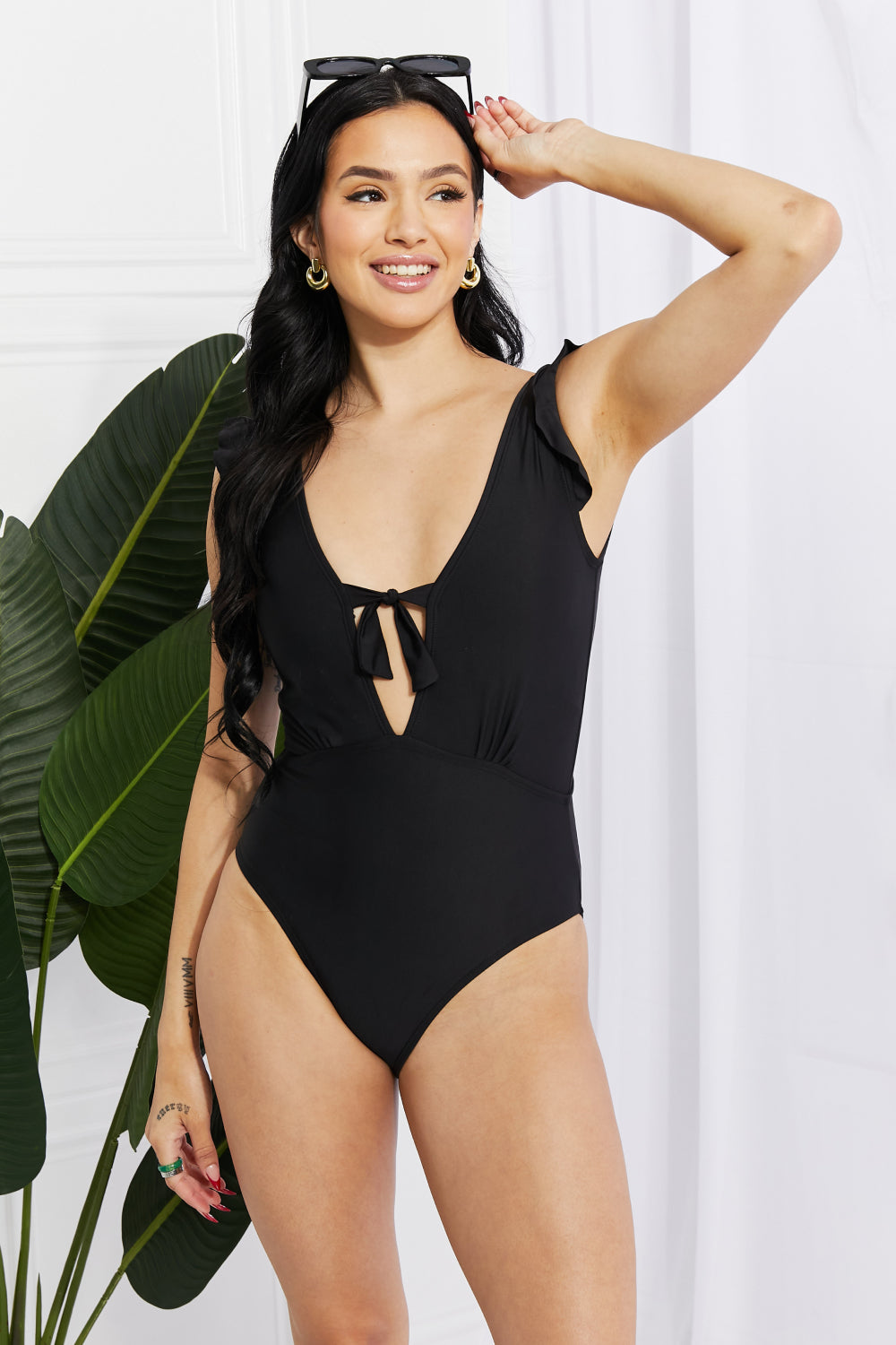 Marina West Swim Seashell Ruffle Sleeve One-Piece in Black - SHIRLYN.CO