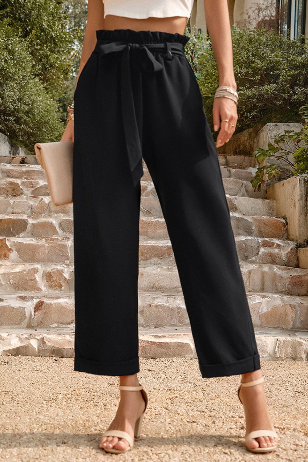 Tie Belt Paperbag Waist Straight Leg Pants - SHIRLYN.CO