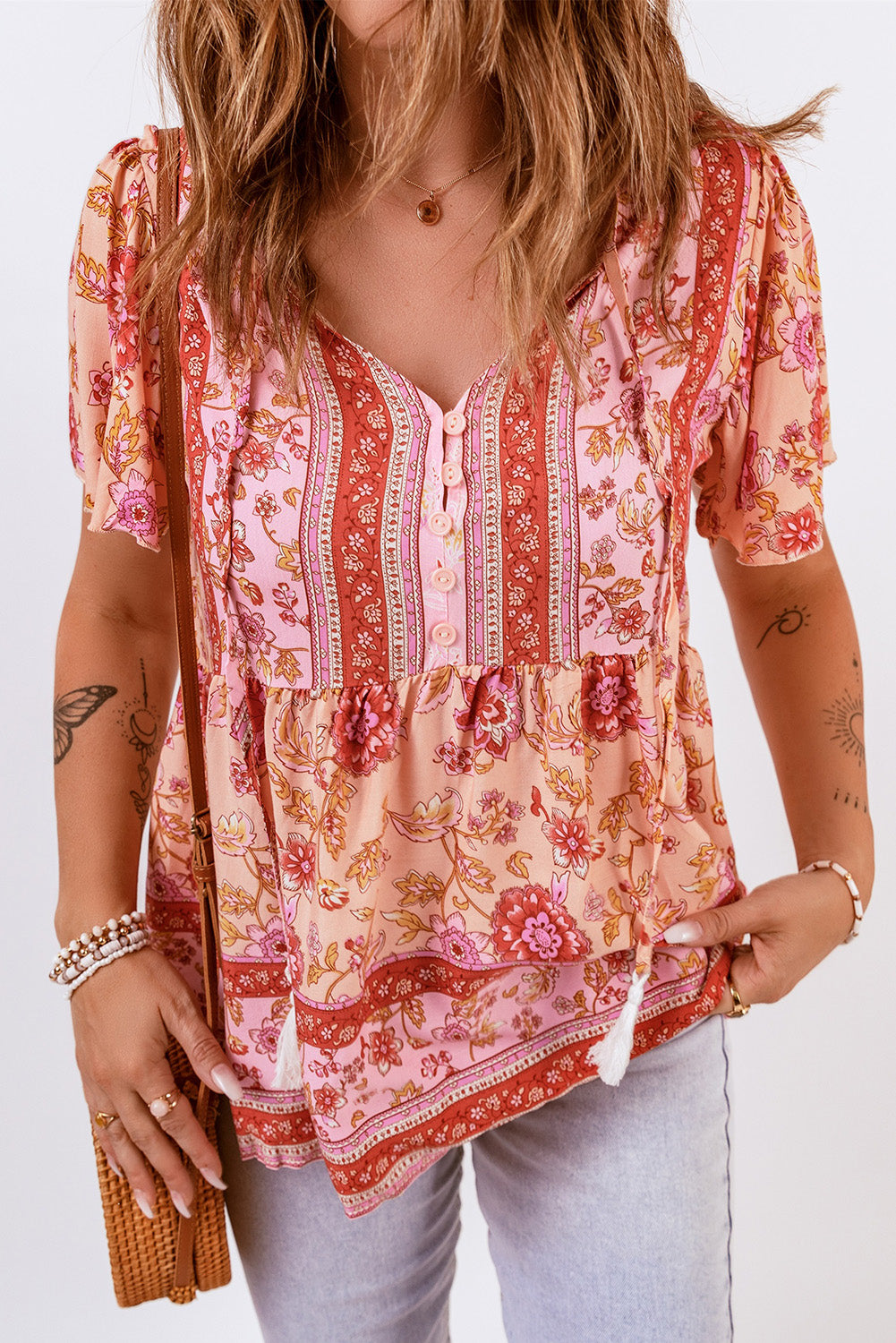 Bohemian Buttoned Short Puff Sleeve Blouse - SHIRLYN.CO