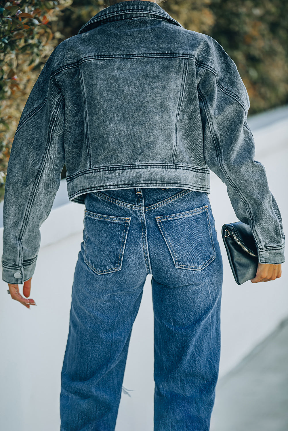 Acid Wash Lapel Collar Cropped Denim Jacket - SHIRLYN.CO