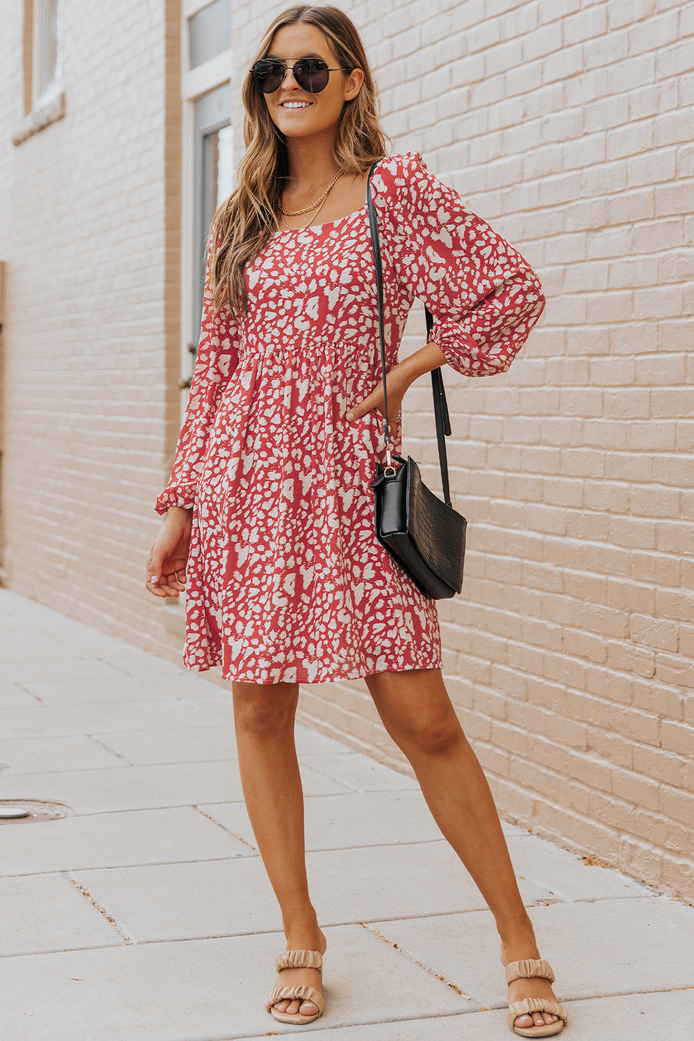 Animal Print Square Neck Balloon Sleeve Dress - SHIRLYN.CO