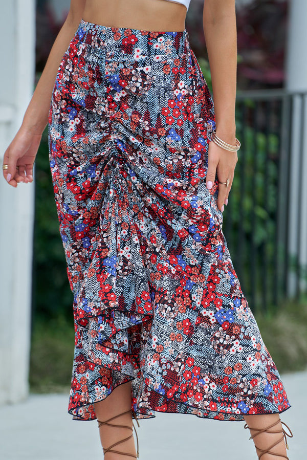Floral High Waist Ruched Skirt - SHIRLYN.CO