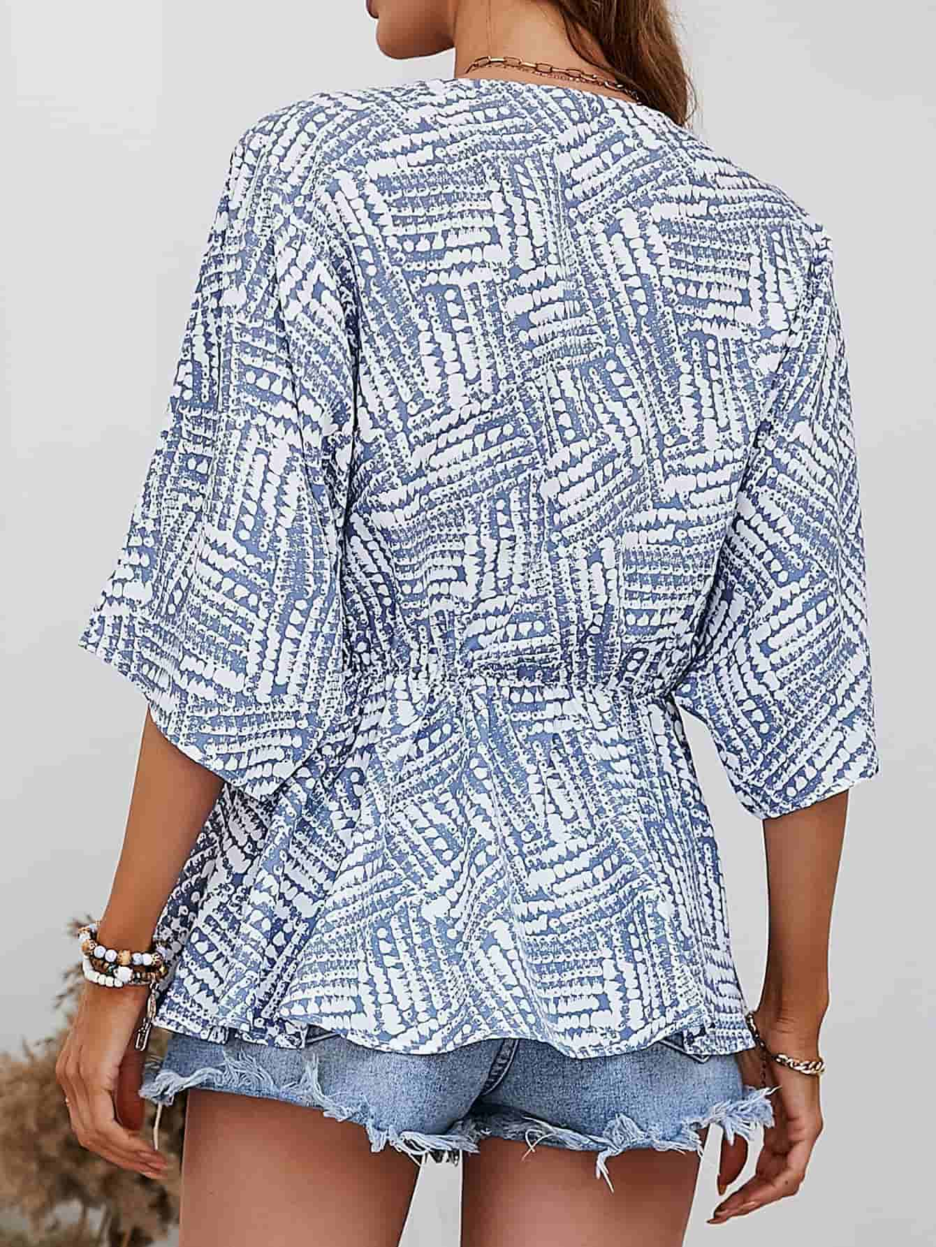 Printed V-Neck Dolman Sleeve Blouse - SHIRLYN.CO