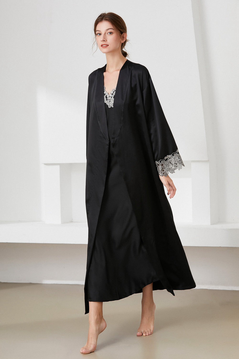 Contrast Lace Trim Satin Night Dress and Robe Set - SHIRLYN.CO