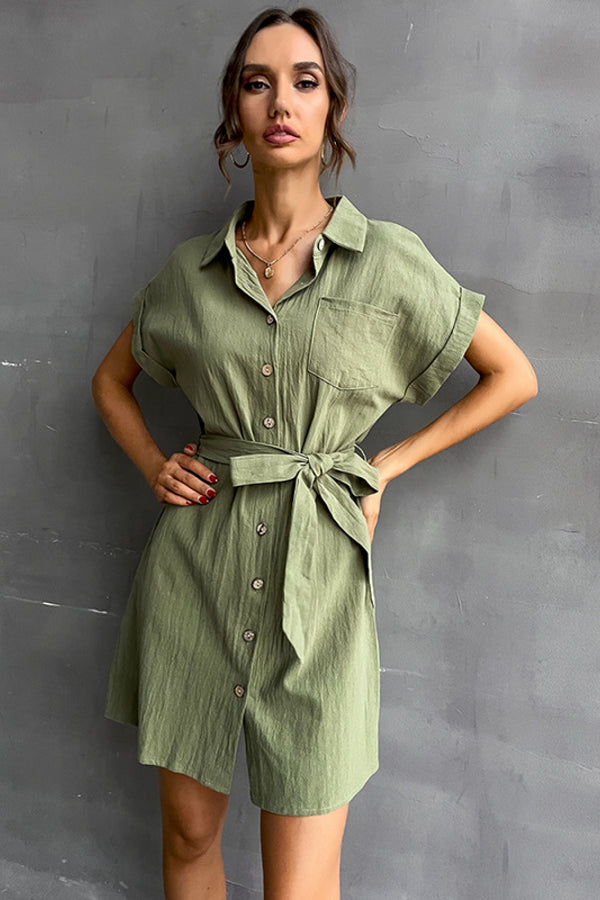 Tie-Waist Short Sleeve Mini Shirt Dress - SHIRLYN.CO