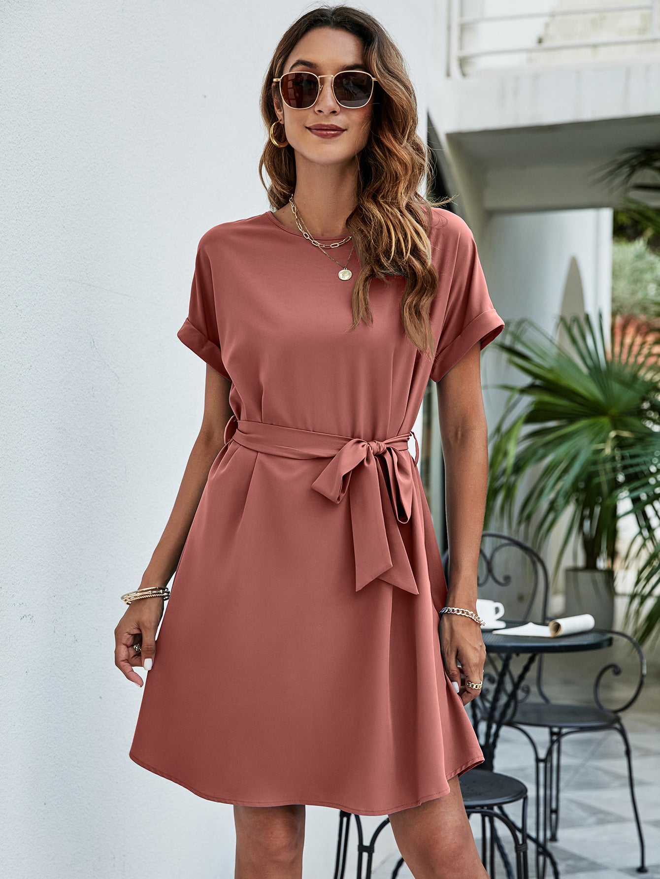 Belted Round Neck Curved Hem Dress - SHIRLYN.CO