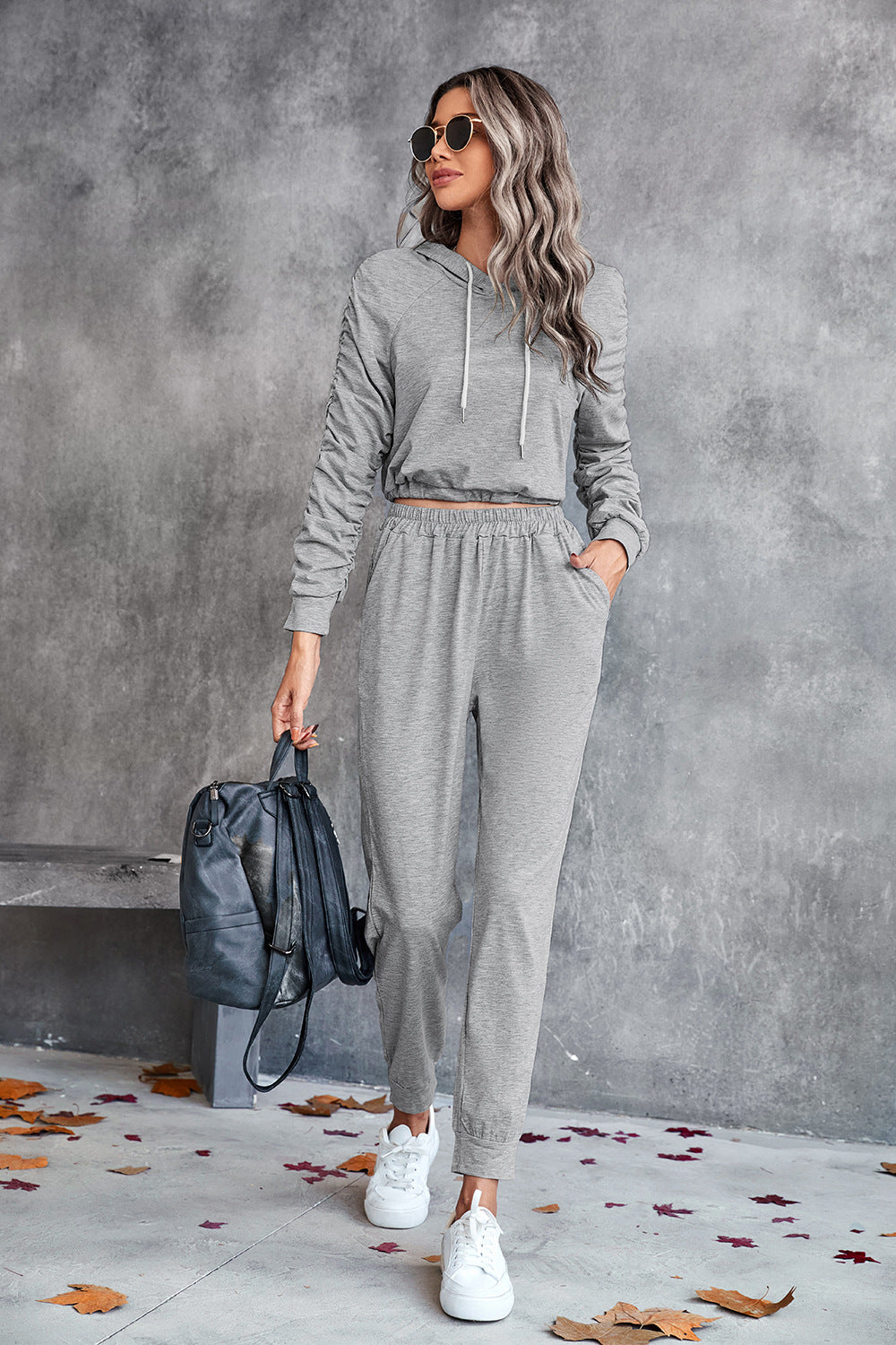 Ruched Raglan Sleeve Hoodie and Joggers Set - SHIRLYN.CO