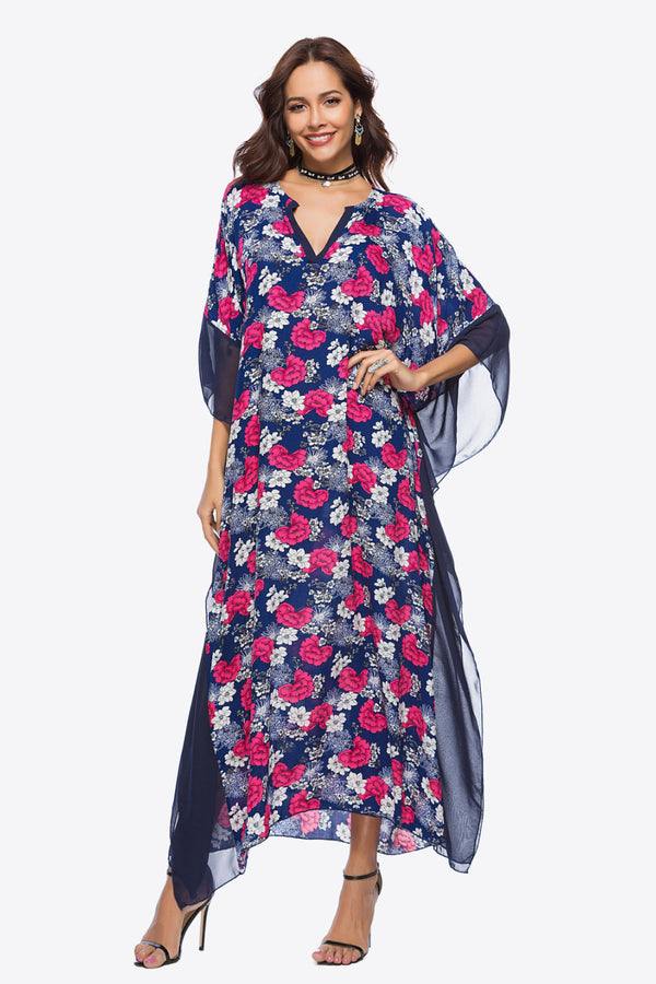 Floral Notched Neck Dolman Sleeve Maxi Dress - SHIRLYN.CO