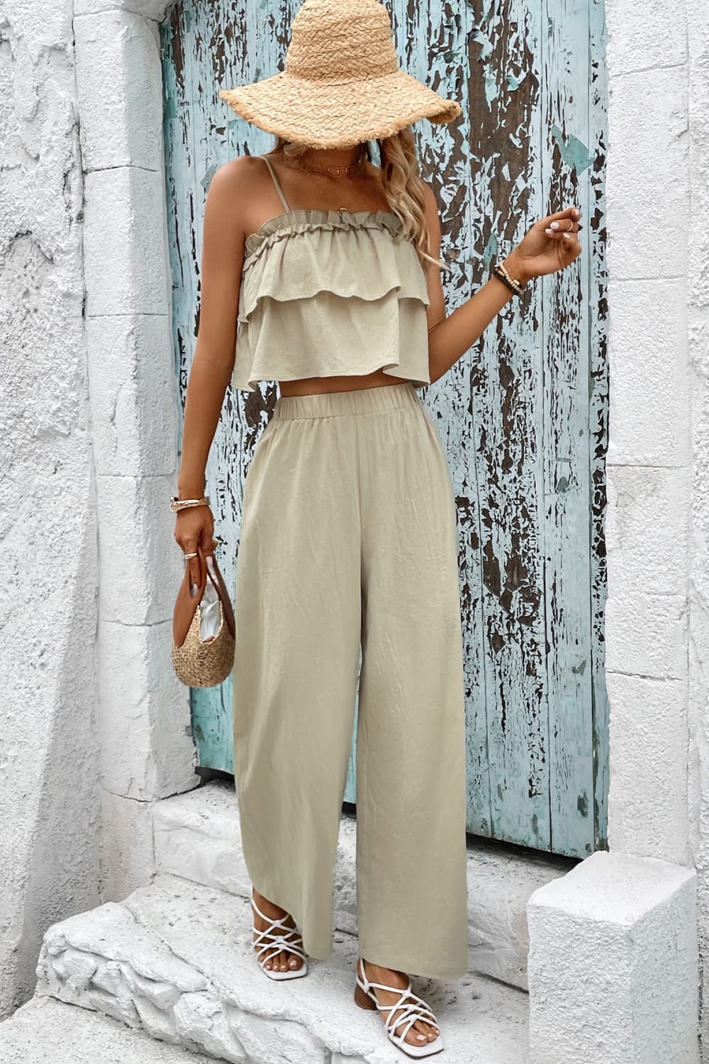 Frill Trim Cami and Wide Leg Pants Set - SHIRLYN.CO