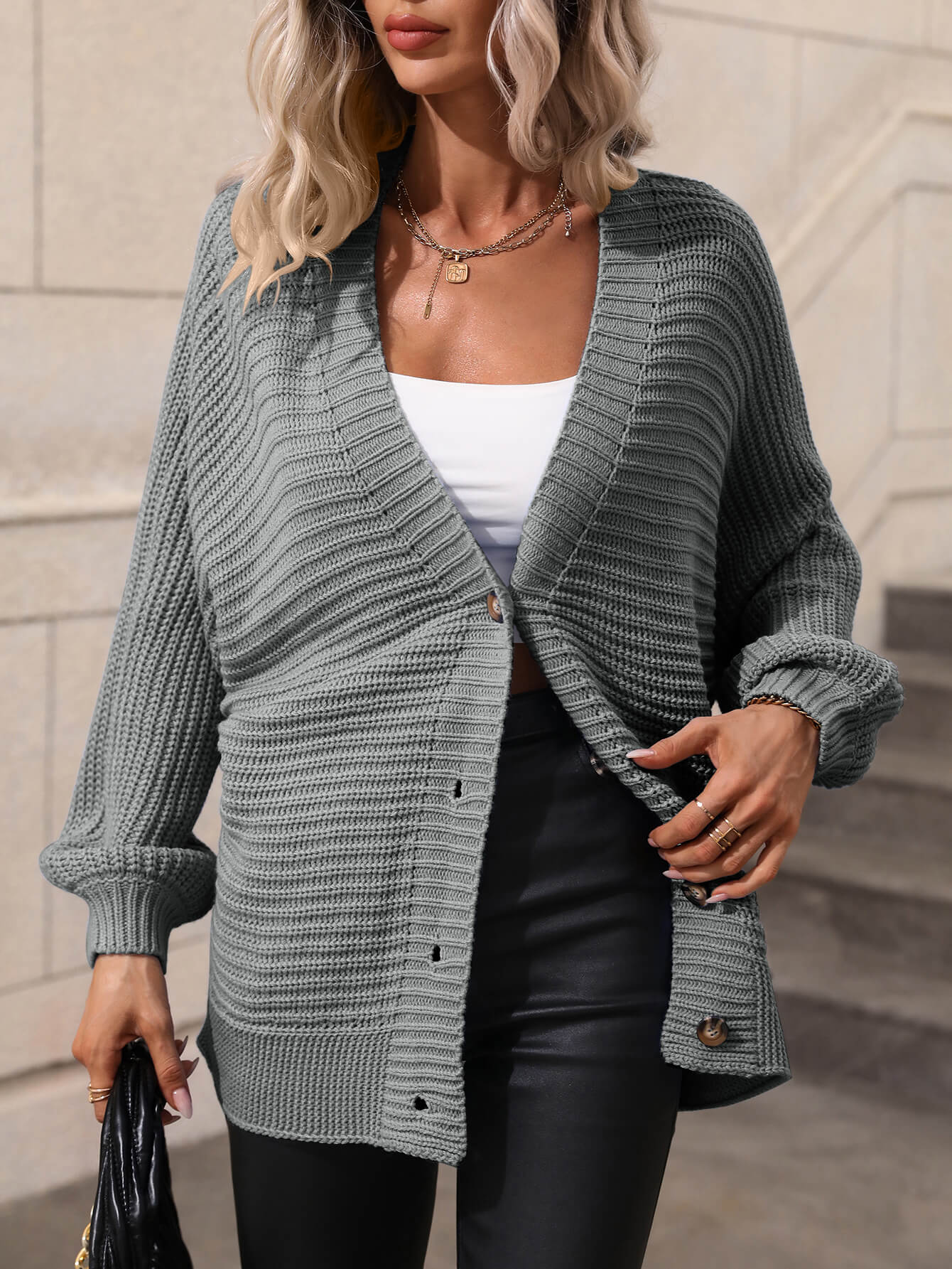 Button Down Horizontal-Ribbing Longline Cardigan - SHIRLYN.CO