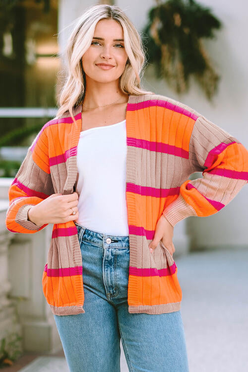 Ribbed Striped Open Front Long Sleeve Cardigan