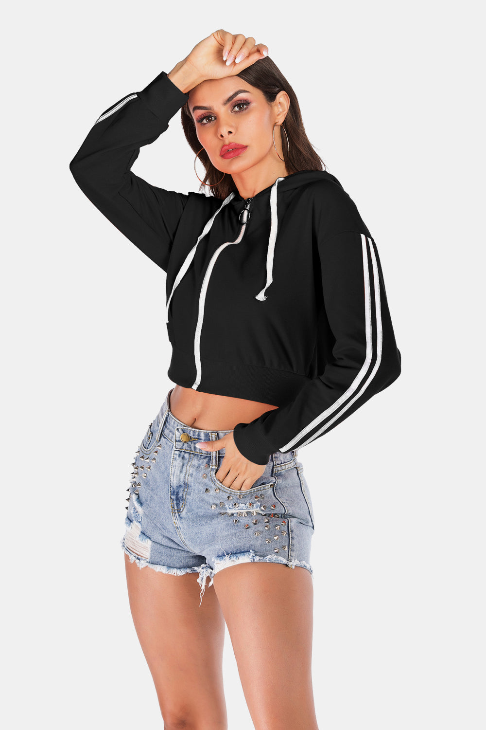 Side Stripe Drawstring Cropped Hooded Jacket - SHIRLYN.CO