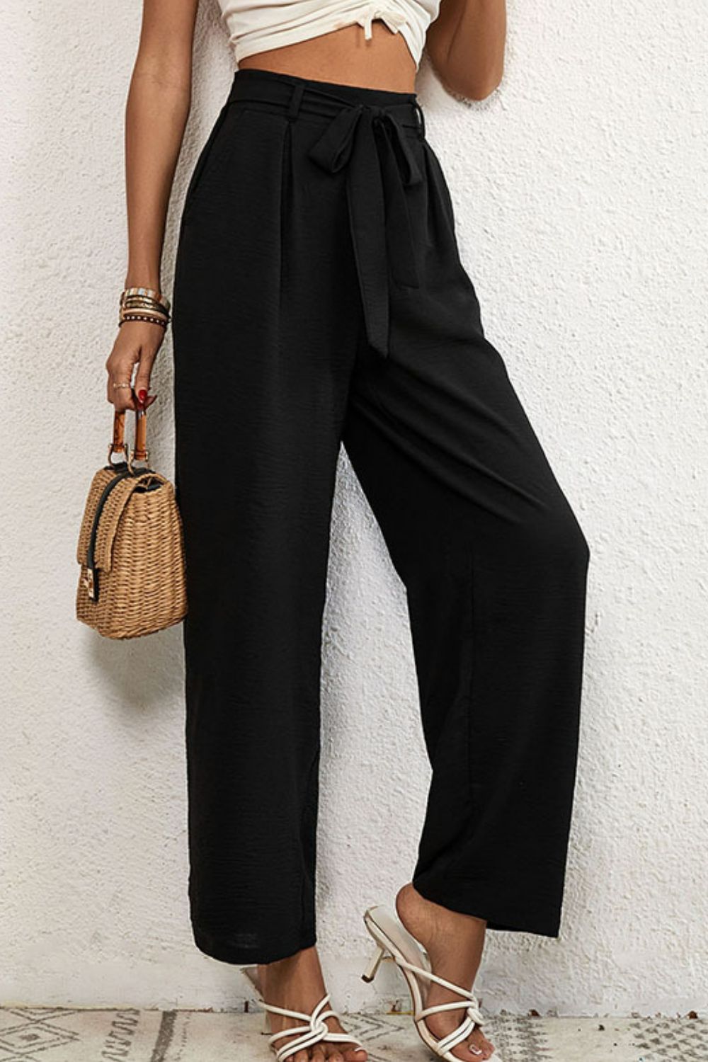 Belted Pleated Waist Wide Leg Pants - SHIRLYN.CO