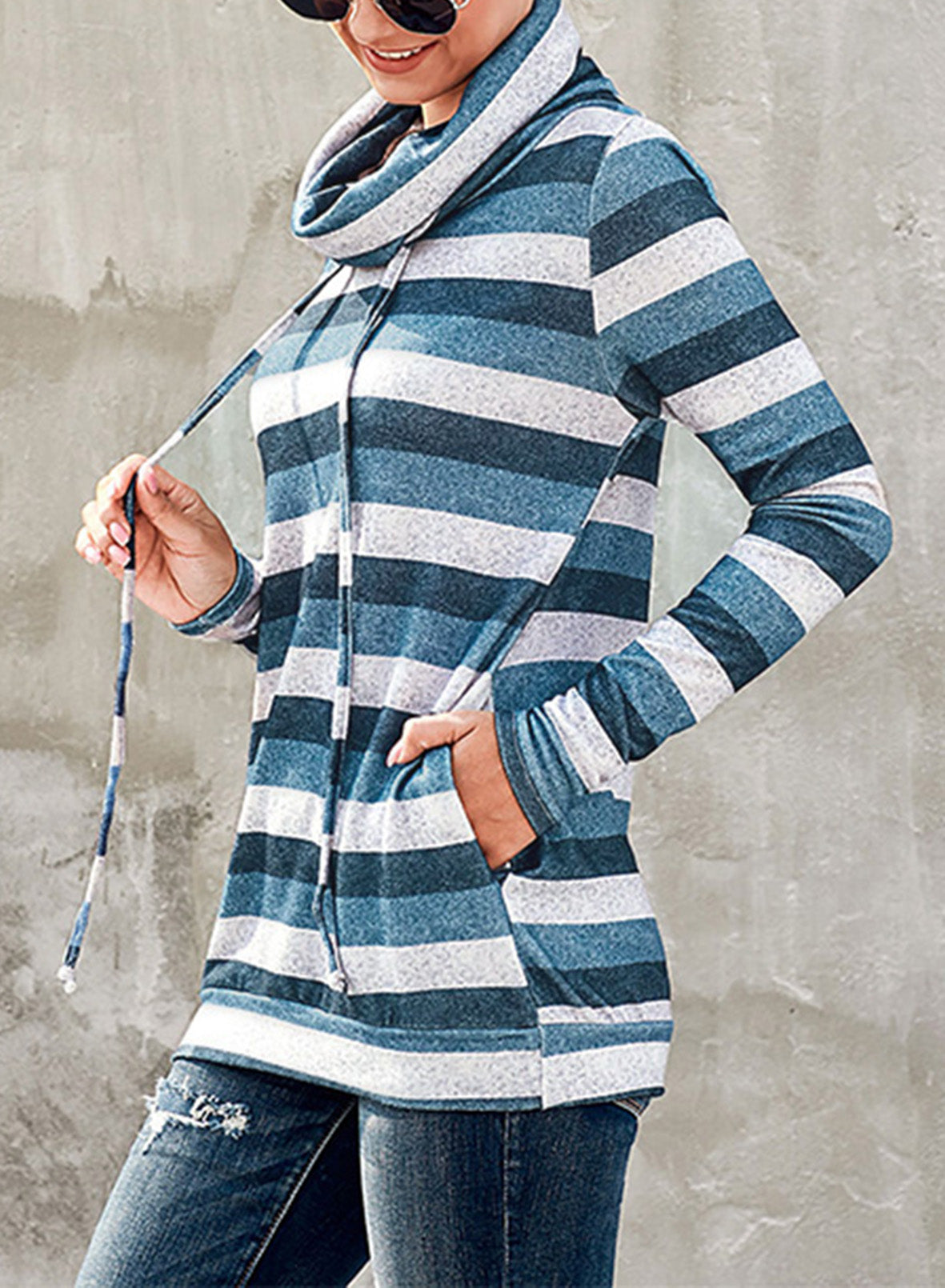 Striped Cowl Neck Tunic Sweatshirt - SHIRLYN.CO