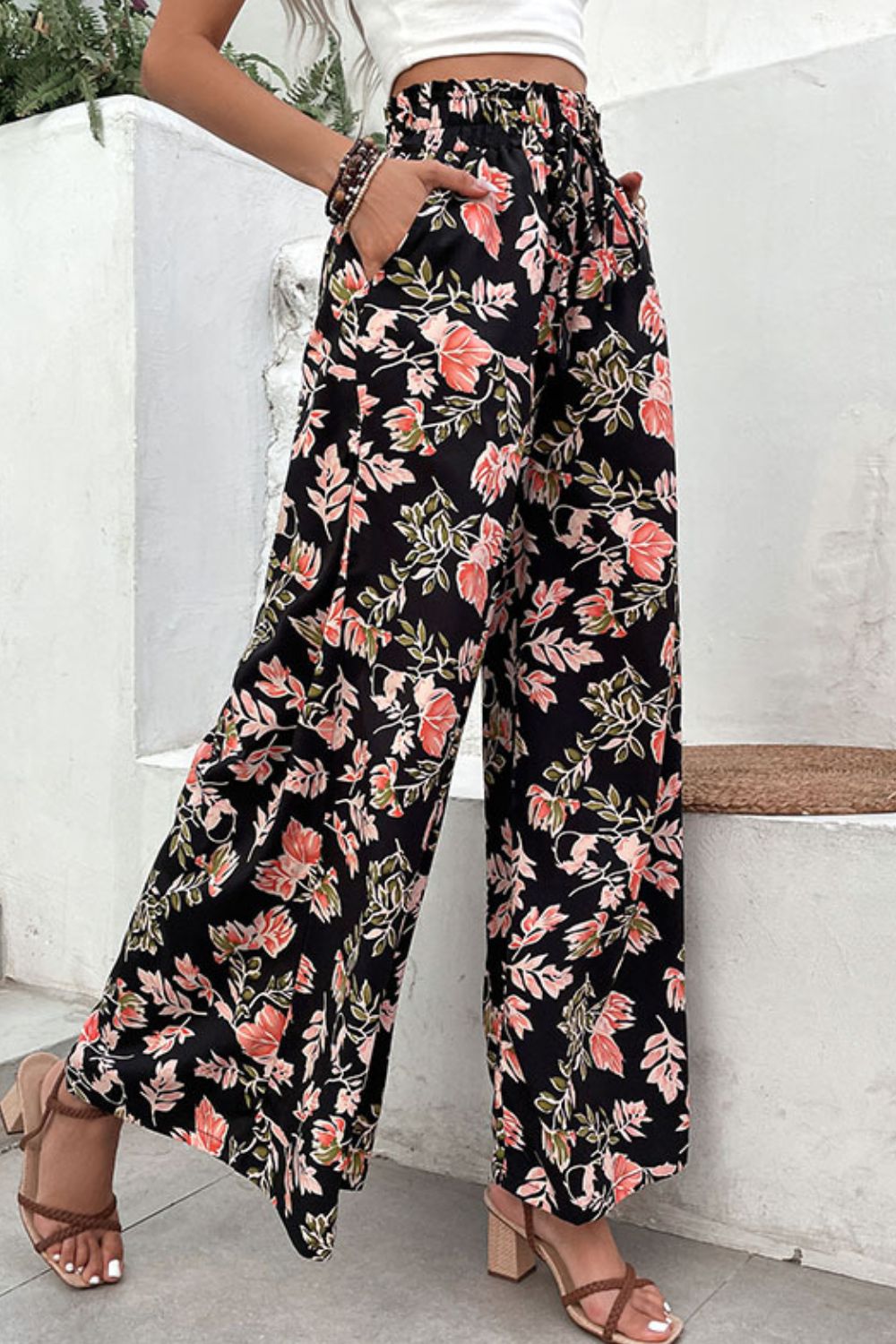 Floral Pull-On Wide Leg Pants - SHIRLYN.CO