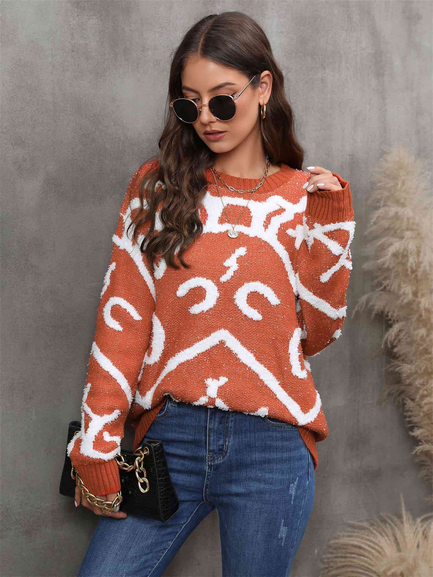 Printed Round Neck Dropped Shoulder Sweater