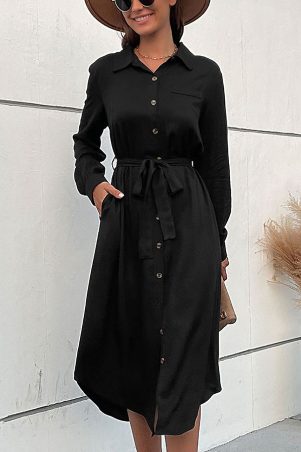 Curved Hem Belted Long Sleeve Shirt Dress - SHIRLYN.CO