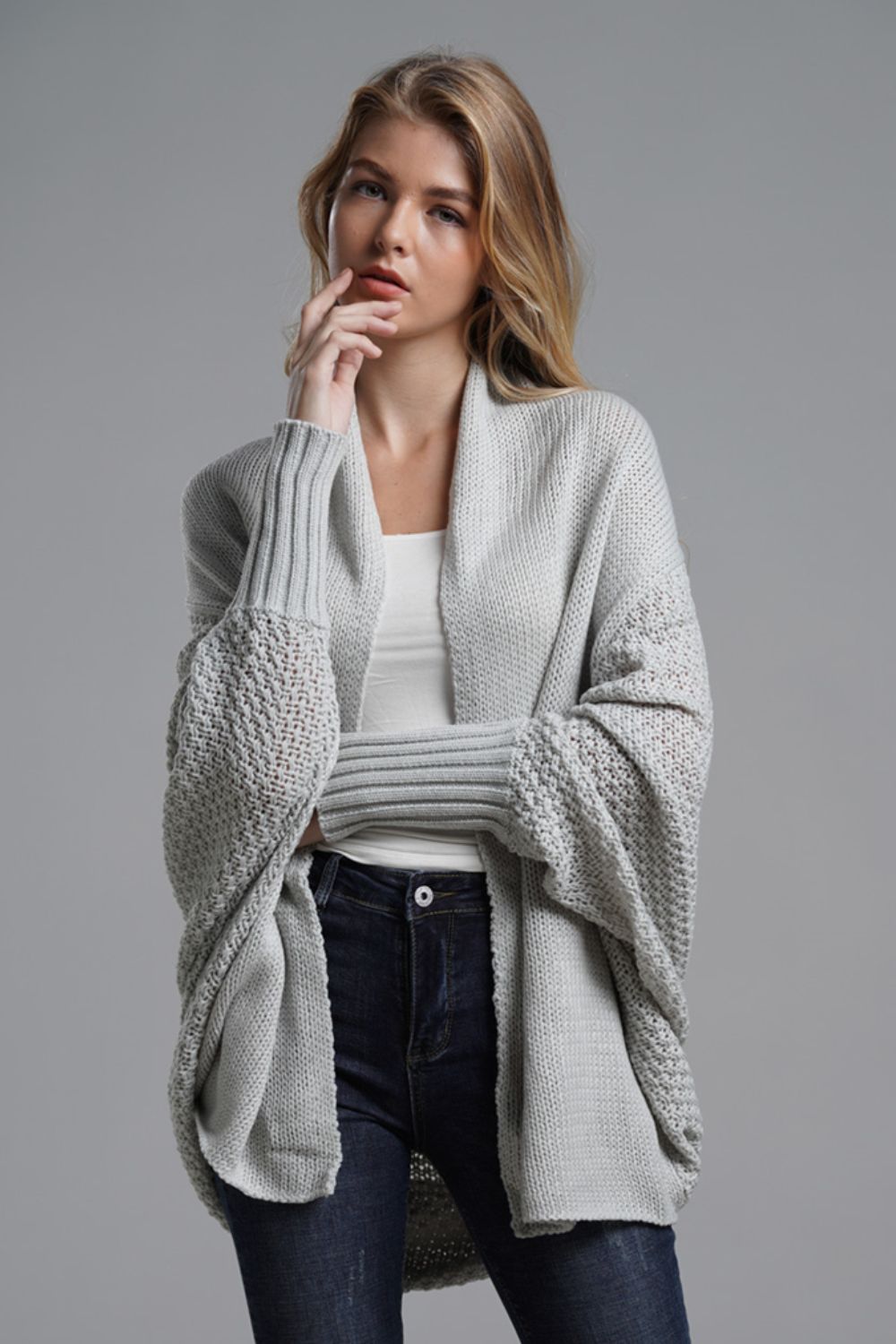 Dolman Sleeve Open Front Ribbed Trim Longline Cardigan - SHIRLYN.CO