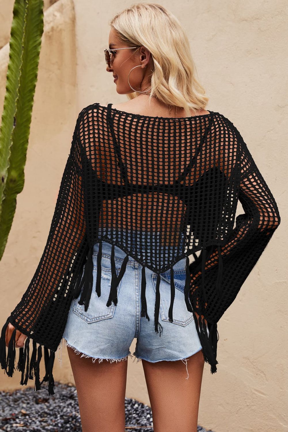 Tassel Hem Openwork Long Sleeve Cover Up - SHIRLYN.CO