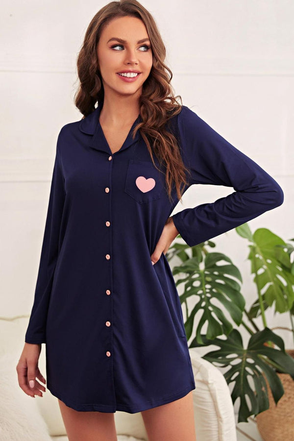 Heart Graphic Lapel Collar Night Shirt Dress - SHIRLYN.CO