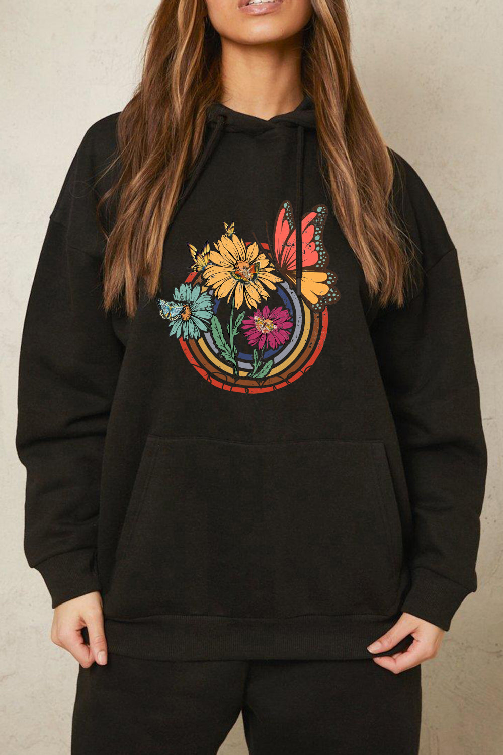 Simply Love Full Size Butterfly and Flower Graphic Hoodie - SHIRLYN.CO