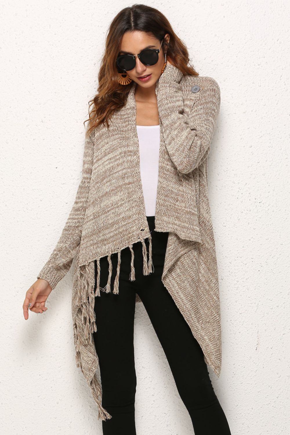 One-Button Tassel Tie Asymmetrical Hem Cardigan - SHIRLYN.CO