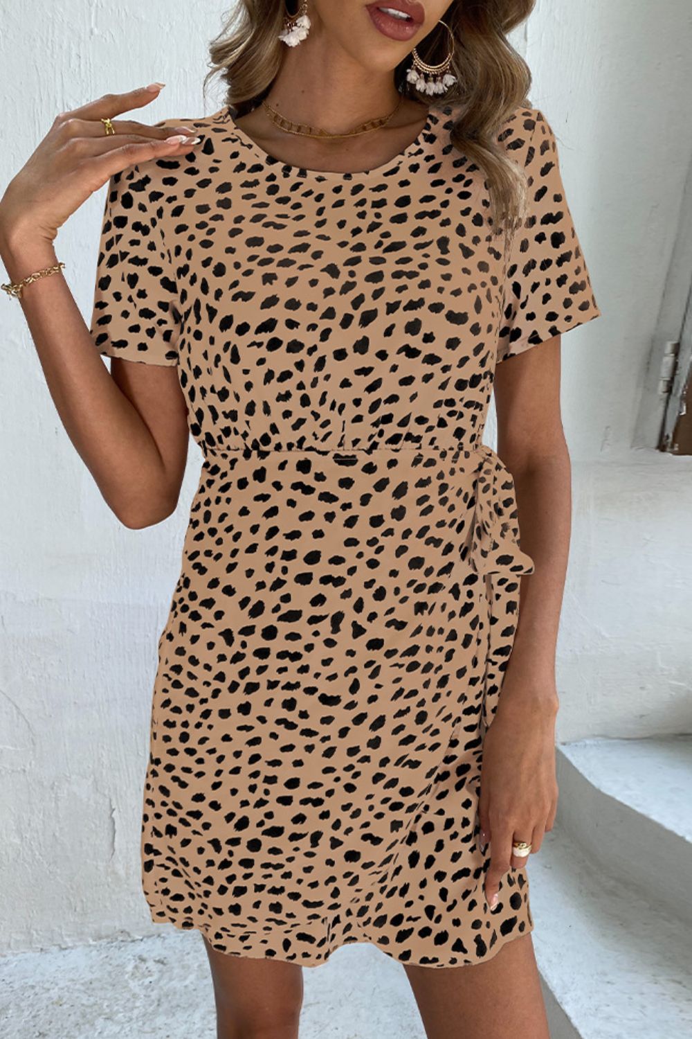 Animal Print Belted Keyhole Round Neck Dress - SHIRLYN.CO