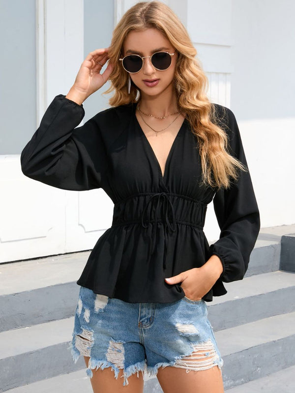 Balloon Sleeve Plunge Peplum Blouse