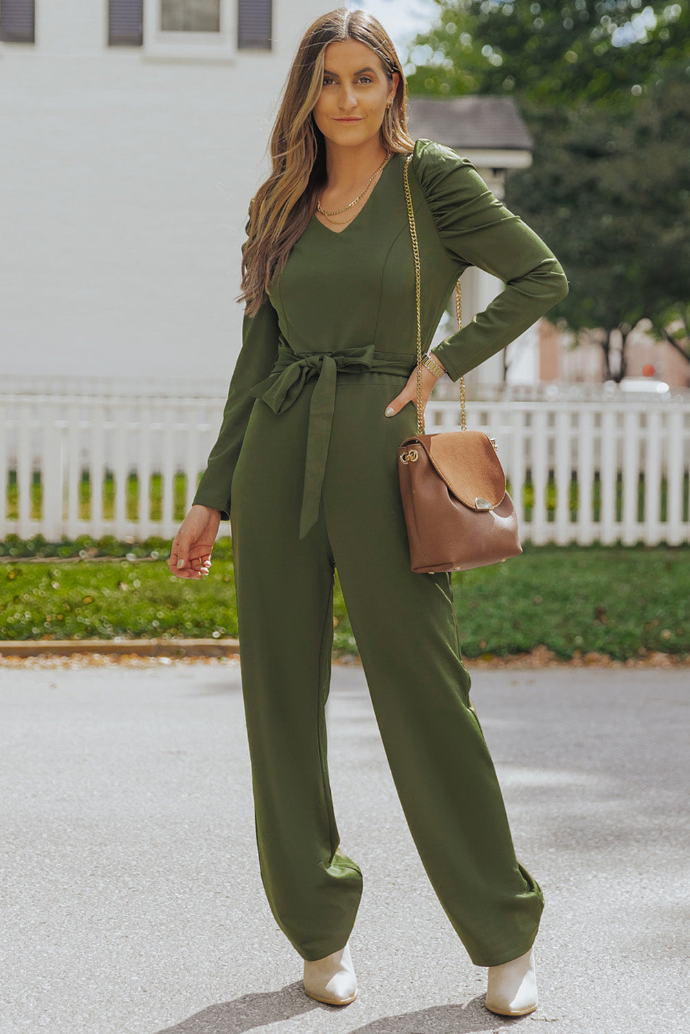 Belted Long Puff Sleeve V-Neck Jumpsuit - SHIRLYN.CO