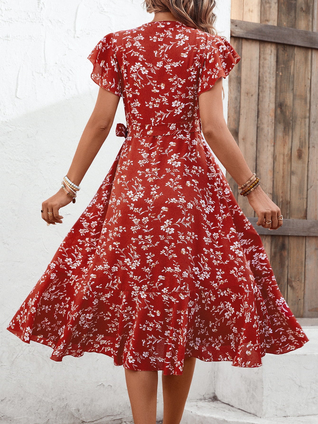 Floral Surplice Neck Flutter Sleeve Dress - SHIRLYN.CO