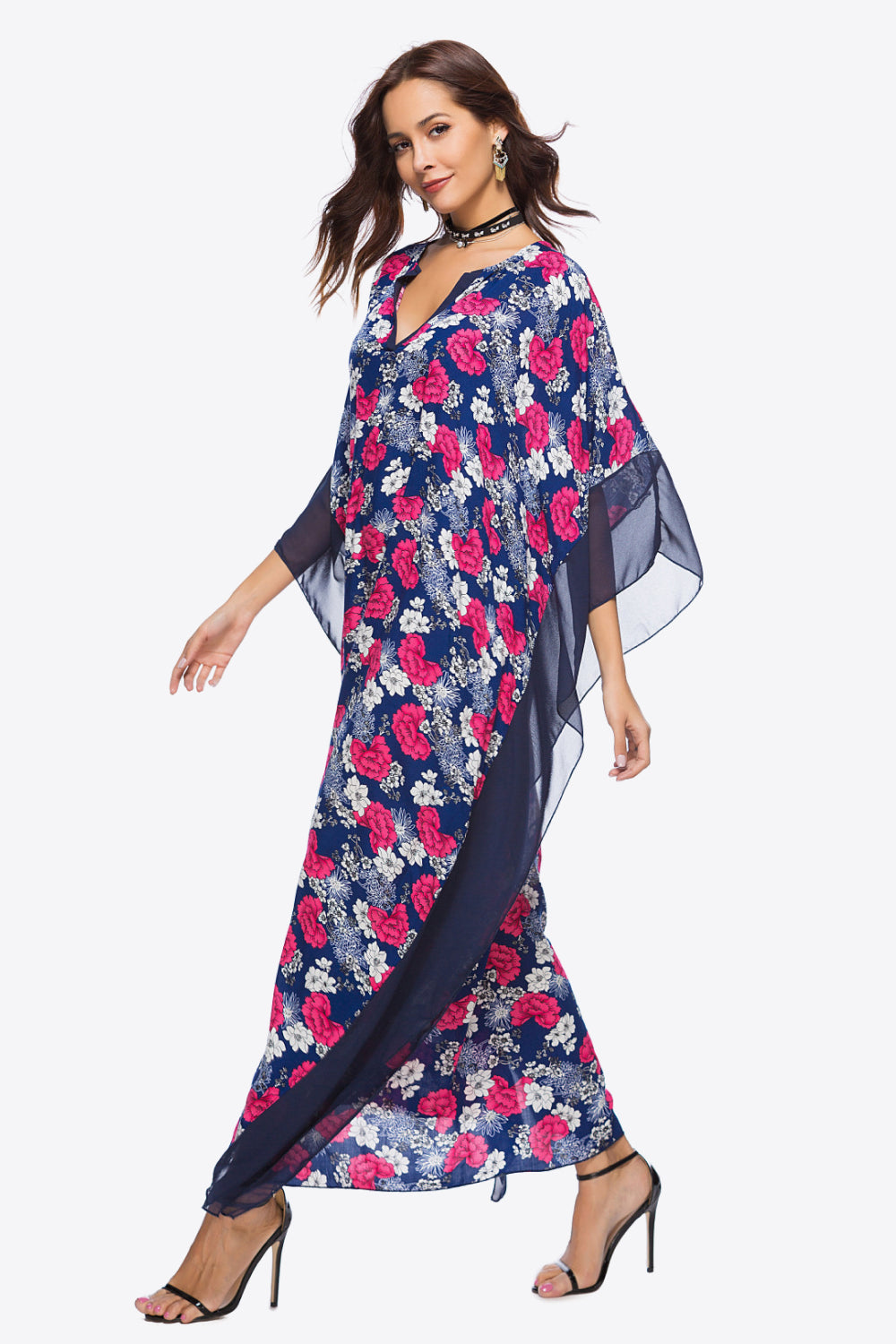 Floral Notched Neck Dolman Sleeve Maxi Dress - SHIRLYN.CO