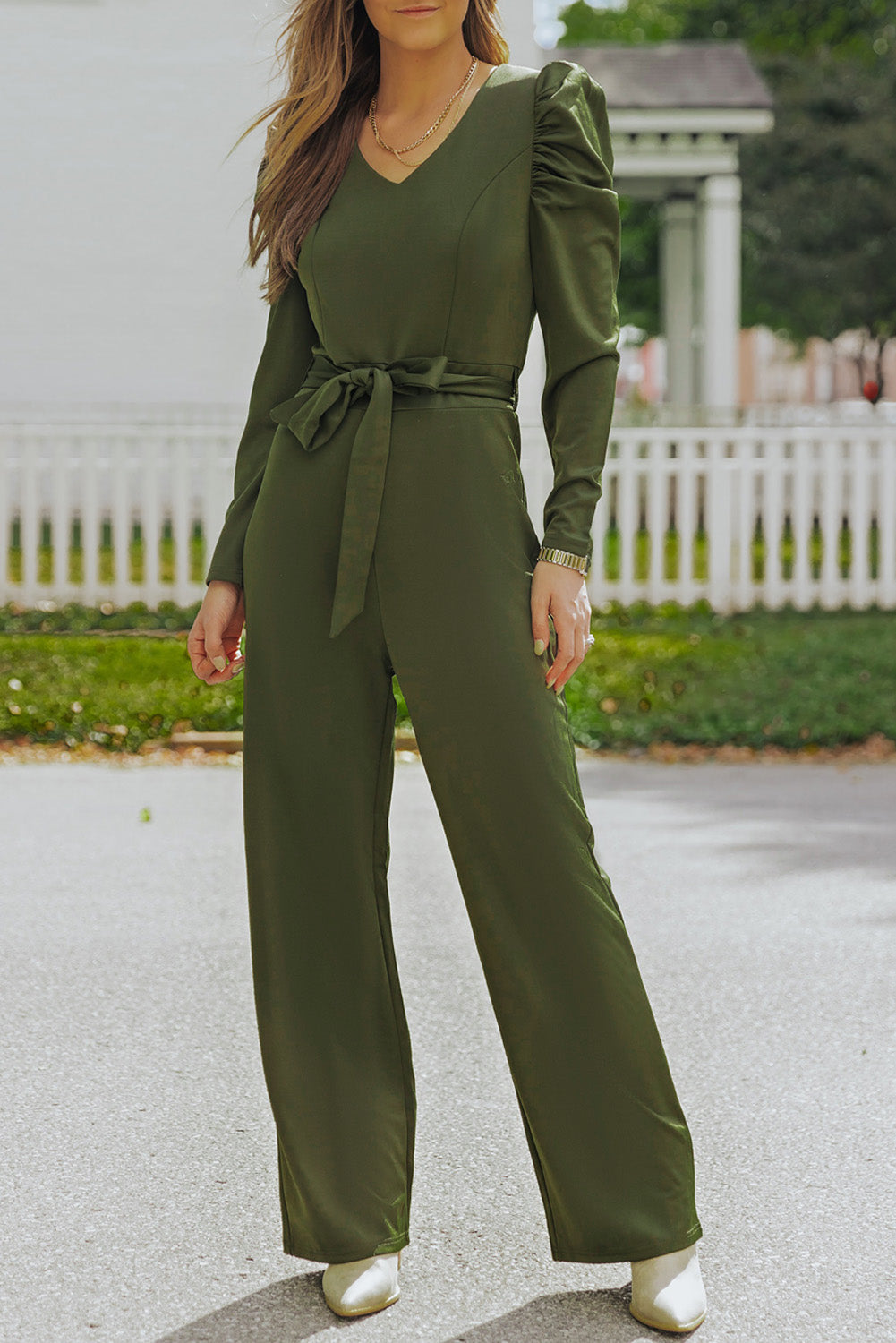 Belted Long Puff Sleeve V-Neck Jumpsuit - SHIRLYN.CO