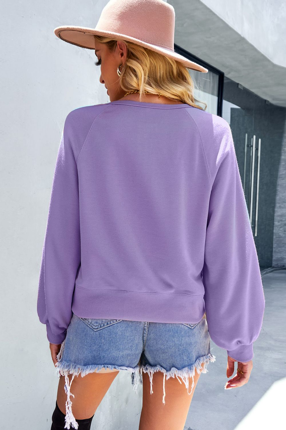 Balloon Sleeve Henley Sweatshirt - SHIRLYN.CO