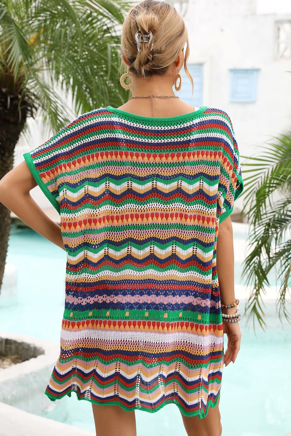 Rainbow Stripe Scalloped V-Neck Cover-Up Dress - SHIRLYN.CO